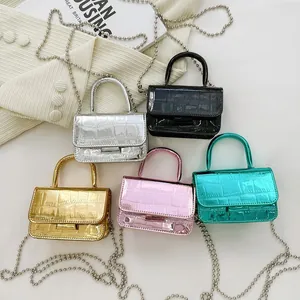 Kids Mini Crossbody Bag Fashion PU Leather Crocodile Pattern Handbag Metallic Finish With Silver Ball Chain Strap For Girls