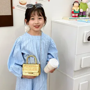 Metallic gold PU leather girl handbag with crocodile pattern and silver ball chain strap