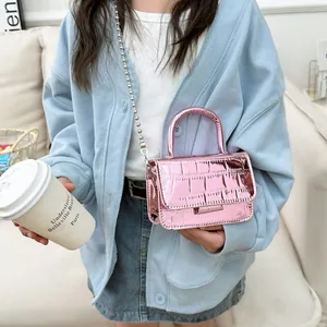 Pink metallic crocodile pattern PU crossbody handbag for girls with silver chain strap