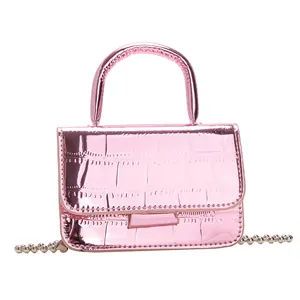 Metallic pink crocodile pattern mini tote bag with stylish silver bead chain strap