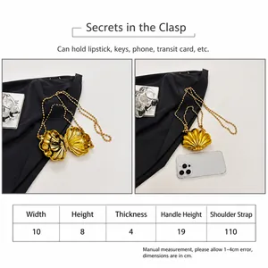 Detailed size chart for shell clutch bag with dimensions in cm and golden chain length