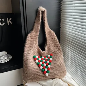 Christmas Knitted Tote Bag For Women Plush Pom Pom Tree Decor Large Capacity Shoulder Handbag Casual Winter Holiday Purse