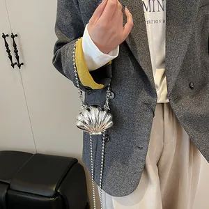 Silver metallic shell-shaped mini bag with bead chain strap for trendy fashion
