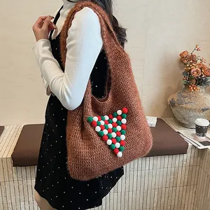 Brown fluffy knit tote bag with Christmas tree pom-poms for winter daily use