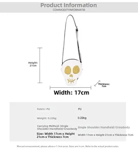 Detailed dimension guide for white skull PU leather crossbody bag with gold glitter accents