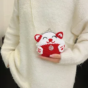 Handmade crochet lucky cat crossbody bag with pearl strap and vintage metal clasp