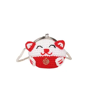 Handmade crochet lucky cat shell bag with pearl strap and gold fortune tag