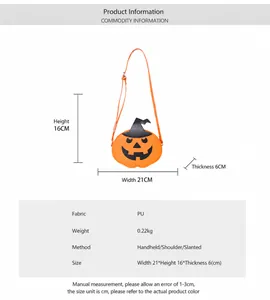 Detailed view of pumpkin shoulder bag with dimensions 21x16x6cm and weight 0.22kg