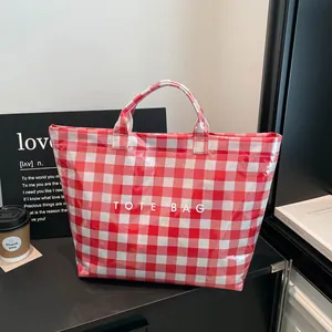 Women Gingham Plaid Tote Bag Large Capacity Transparent PVC Waterproof Handbag With Letters Urban Simple Style Casual Bag
