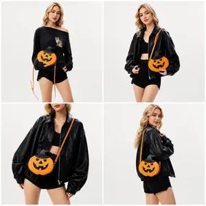 Collage of model wearing a stylish orange pumpkin shaped shoulder bag for Halloween