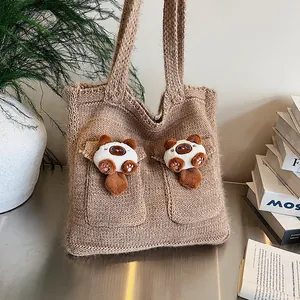 Simpatico Gatto Decorazione Peluche 3D Borsa Tote in Maglia Grande Capacità Vintage Borsa a Spalla per Donna Casual Quotidiano