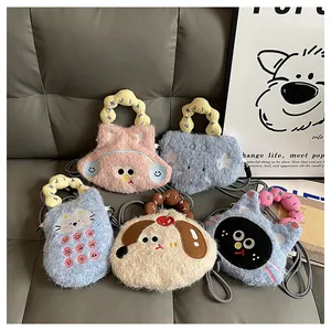 Detail view of five assorted plush animal crossbody bags with unique embroidery and wavy handles