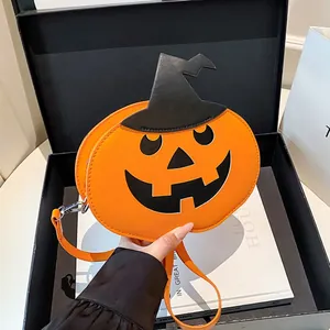 Women Halloween Pumpkin Shape Crossbody Bag PU Leather Jack-O'-Lantern Shoulder Bag With Witch Hat Decor Festival Party Bag Orange Black