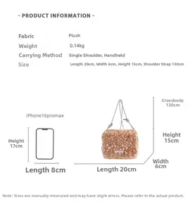 Tableau des tailles du sac en peluche cerf avec iPhone 16 Pro Max pour comparaison