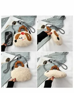 Detailed views of puppy-shaped plush crossbody bag with cherry decor and wavy handle