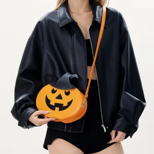Halloween pumpkin crossbody bag with black wizard hat lid and orange leather strap