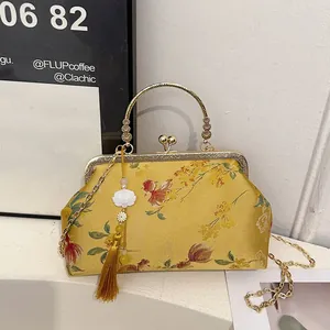 Vintage New Chinese Style Floral Embroidery Satin Shell Bag For Women Elegant Handbag With Metal Handle Tassel Chain Crossbody Bag