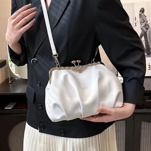 Retro white shell cloud bag with floral metal frame and pleated leather for women
