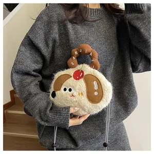 Plush cartoon dog shoulder bag with cherry embroidery and soft lettered handle