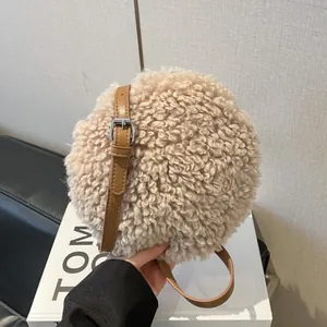 Sac à Bandoulière Rond en Peluche pour Femme Fausse Laine d'Agneau Teddy Fleece Petit Sac à Épaule Hiver Décontracté