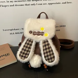 Sac à Dos en Peluche avec Oreilles de Lapin Kawaii pour Femmes Filles Plaid Fausse Fourrure Petit Cartable avec Écusson Happy Days et Pompon