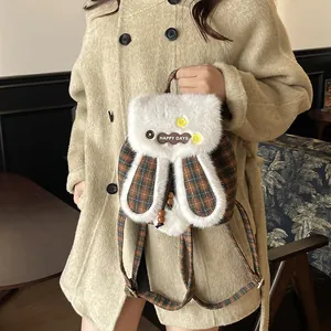 Sac à dos lapin mignon à carreaux pour femmes avec oreilles en peluche et broderie Happy Days