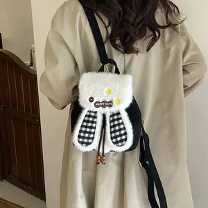 Sac à dos lapin en peluche avec oreilles à carreaux et broderie HAPPY DAYS élégante