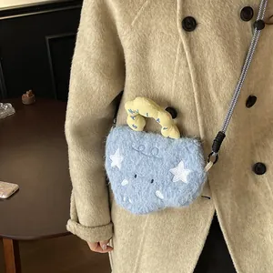 Cute light blue plush crossbody bag with yellow handle and star details for women