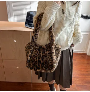 Detailed plush leopard print tote bag texture and soft faux fur material close-up