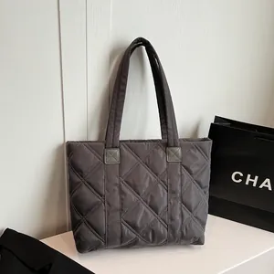 Women's Quilted Rhombic Tote Bag Padded Nylon Large Capacity Shoulder Bag Solid Color Winter Handbag For Daily Commuting
