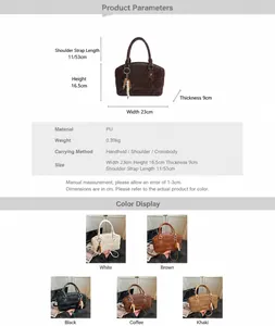 Detailed size specifications and color options for the stylish PU leather shoulder handbag