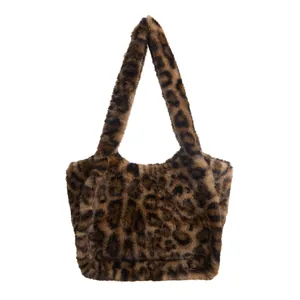 Winter large capacity faux fur tote bag with stylish leopard print for women