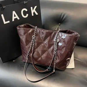 Women Large Capacity Quilted Rhombus Tote Bag Glossy PU Leather Chain Shoulder Bag Vintage Fashion Handbag For Daily Travel
