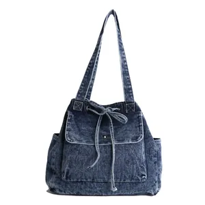 Bolso tote de mezclilla azul retro con bolsillo frontal y cordón, bolso de hombro vintage