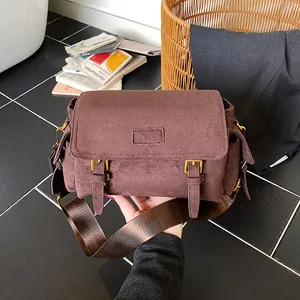 Vintage Frosted PU Leather Messenger Bag For Women 2025 Winter Double Buckle Shoulder Bag With Wide Strap Crossbody Bag