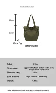 Tabella taglie borsa tote in nylon verde con dimensioni e altezza del manico