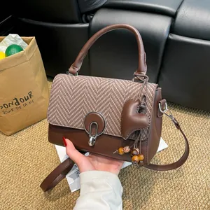 Retro Maillard Women PU Leather Handbag Herringbone Pattern Round Metal Lock Fashion Color Block Shoulder Crossbody Bag