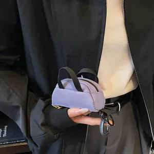 Mini purple canvas handbag keychain and earphone case with black strap and clip