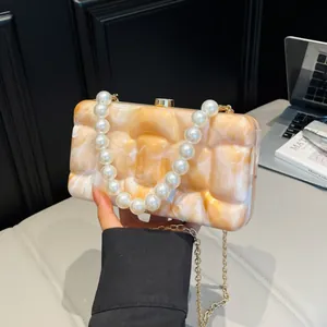 Acrylic Marble Pattern Box Bag With Artificial Pearl Handle Gold Chain Strap Elegant Evening Clutch For Wedding Party Women Handbag