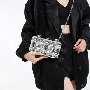 Silver metallic acrylic clutch bag with rhombus pattern and beaded handle for women