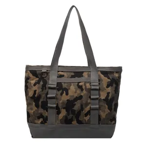 Large camouflage canvas tote bag with reinforced handles and functional D-ring attachment