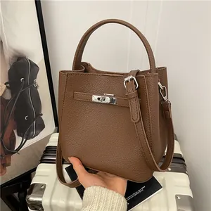 Women Fashion Litchi Pattern PU Leather Bucket Bag Retro Minimalist Shoulder Crossbody Bag With Metal Lock Daily Handbag