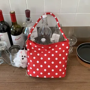 Women Casual Polka Dot Canvas Underarm Bag Retro Polka Dot Shoulder Bag Small Tote Handbag With Puppy Charm For Daily Use
