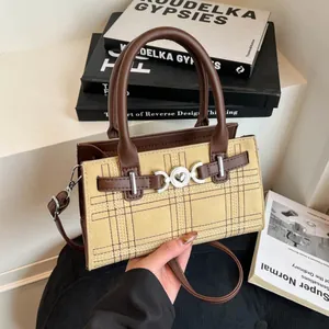 Borsa Tote Vintage a Griglia con Cuciture per Donna Fibbia a Cuore Retrò Maillard Borsa a Tracolla Pelle PU