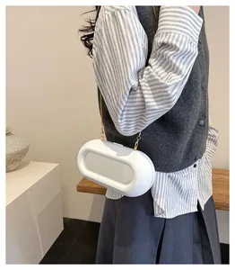 Détail du sac capsule blanc minimaliste avec miroir ovale intégré et chaîne dorée