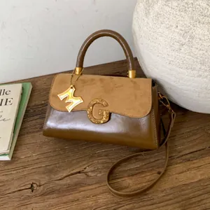 Retro Splicing PU Leather Suede Handbag With Metal G Buckle M Letter Charm Crossbody Shoulder Bag For Women Daily