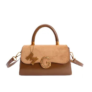 Retro brown contrast tote bag with suede flap and golden G letter decorative buckle