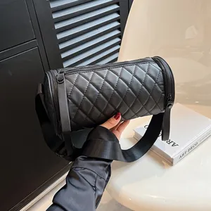 Women Quilted Nylon Cylinder Shoulder Bag Casual Rhombic Pattern Crossbody Barrel Bag Urban Minimalist Handbag Black