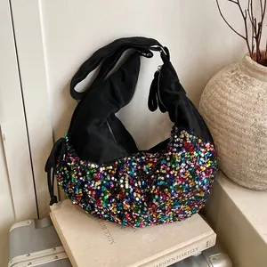 Vintage Suede Sequin Crescent Hobo Shoulder Bag For Women Large Capacity Fashion Crossbody Bag Party Daily Travel Bag