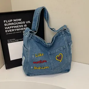 Vintage Denim Tote Bag For Women Fashion Letter Heart Embroidery Shoulder Bag Distressed Washed Large Capacity Crossbody Handbag